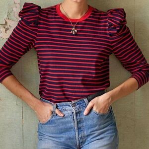 Clare V. Le Puff Long Sleeve in Poppy and Navy Stripe Sz L